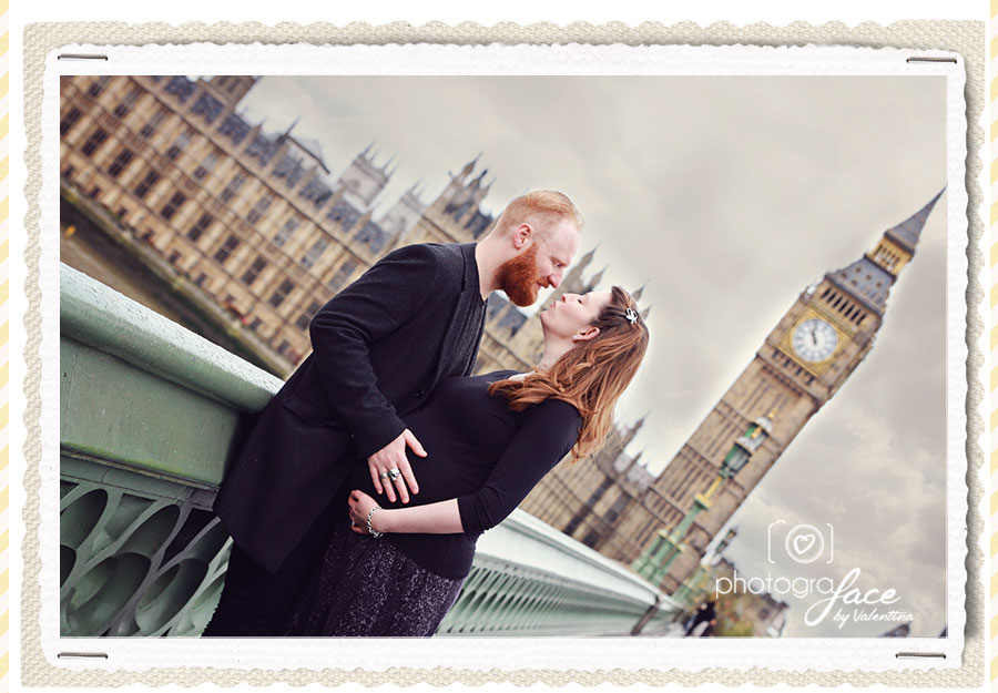 pregnant couple kissing in front of the big ben In London for a photoshoot